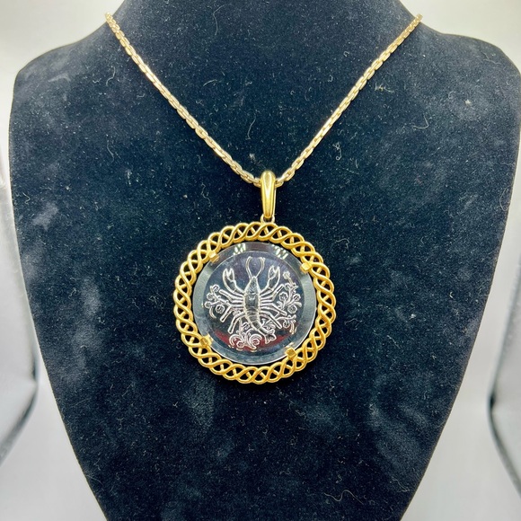 Trifari Jewelry - Cancer 1970’s Trifari Zodiac Etched Glass Medallion on Sarah Coventry Chain